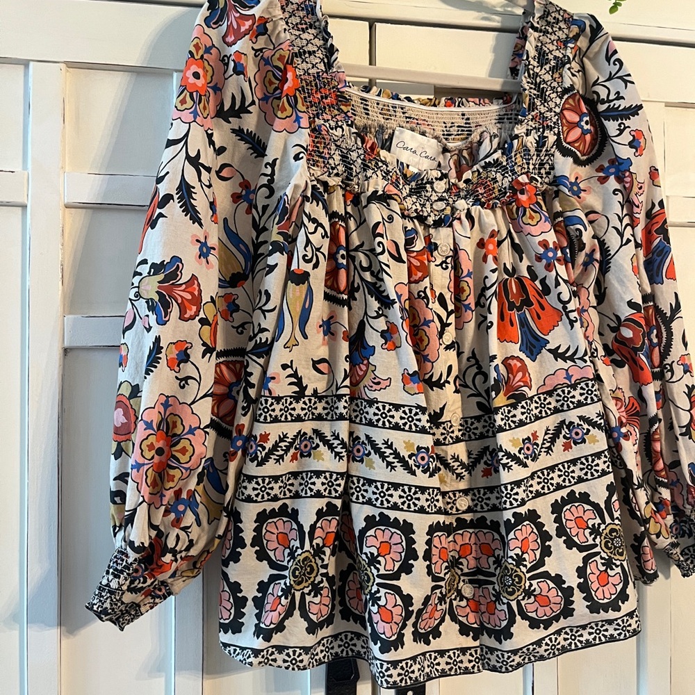 CARA CARA CHARLESTON SQUARE NECK BLOUSE IN TURTLEDOVE BOTANICALS SIZE M NWOT